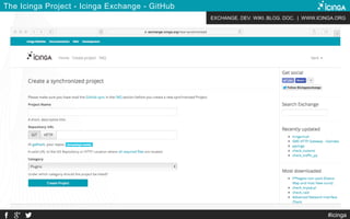 EXCHANGE. DEV. WIKI. BLOG. DOC. | WWW.ICINGA.ORG
#icinga
The Icinga Project - Icinga Exchange - GitHub
 