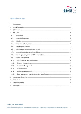 © GÉANT 2016 - All rights reserved.
Parts of this document may be freely copied, unaltered, provided that the original source is acknowledged and the copyright preserved. 2
Table of Contents
1. Introduction ....................................................................................................................................3
2. Survey Participants .........................................................................................................................3
3. NOC Functions.................................................................................................................................4
4. NOC Tools........................................................................................................................................6
4.1. Monitoring ..............................................................................................................................6
4.2. Problem Management............................................................................................................8
4.3. Ticketing..................................................................................................................................9
4.4. Performance Management...................................................................................................10
4.5. Reporting and Statistics ........................................................................................................11
4.6. Configuration Management and Backup..............................................................................12
4.7. Communication, Coordination and Chat ..............................................................................13
4.8. Knowledge Management and Documentation.....................................................................14
4.9. Change Management............................................................................................................15
4.10. Out-of-band Access Management ....................................................................................16
4.11. Security Management.......................................................................................................17
4.12. Inventory Management ....................................................................................................18
4.13. DDoS Mitigation................................................................................................................19
4.14. Resources Management ...................................................................................................20
4.15. Data Aggregation, Representation and Visualisation.......................................................21
5. Standards and trainings ................................................................................................................22
6. Conclusions ...................................................................................................................................25
7. Acknowledgement ........................................................................................................................25
8. References ....................................................................................................................................25
 