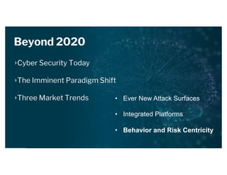 Beyond 2020
Cyber Security Today
The Imminent Paradigm Shift
Three Market Trends • Ever New Attack Surfaces
• Integrated Platforms
• Behavior and Risk Centricity
 