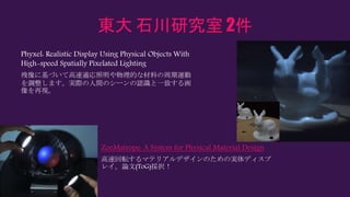 東大 石川研究室 2件
Phyxel: Realistic Display Using Physical Objects With
High-speed Spatially Pixelated Lighting
残像に基づいて高速適応照明や物理的な材料の周期運動
を調整します。実際の人間のシーンの認識と一致する画
像を再現。
ZoeMatrope: A System for Physical Material Design
高速回転するマテリアルデザインのための実体ディスプ
レイ。論文(ToG)採択！
 