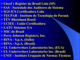 > Lloyd´s Register do Brasil Ltda (SP)  > SAS - Sociedade dos Auditores de Sistema  > SGS ICS Certificadora Ltda  > TECPAR - Instituto de Tecnologia do Paraná > TÜV Rheinland Brasil  > UCIEE - União Certificadora  > LATU Sistemas S/A > MIC do Brasil  > Perry Johnson Registers, Inc. > RINA - S.p.A. (Itália) > RINA - S.p.A. (Brasil) > UL Underwriters Laboratories Inc. (EUA) > UL Underwriters Laboratories Inc. (Brasil) > UNIT - Instituto Uruguaio de Normas Técnicas 