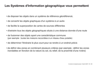 © Laboratoire de cartographie appliquée - Élisabeth HABERT - IRD - 2000
Les Systèmes d'Information géographique vous permettent
• de disposer les objets dans un système de référence géoréférencé,
• de convertir les objets graphiques d'un système à un autre
• de facilite la superposition de cartes de sources différentes
• d'extraire tous les objets géographiques situés à une distance donnée d'une route
• de fusionner des objets ayant une caractéristique commune
(par exemple : toutes les maisons raccordées à un réseau d'eau potable)
• de déterminer l'itinéraire le plus court pour se rendre à un endroit précis
• de définir des zones en combinant plusieurs critères (par exemple : définir les zones
inondables en fonction de la nature du sol, du relief, de la proximité d'une rivière)
 