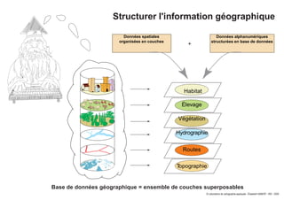 Habitat
Élevage
Végétation
Hydrographie
Routes
Topographie
Base de données géographique = ensemble de couches superposables
Structurer l'information géographique
Données spatiales
organisées en couches
Données alphanumériques
structurées en base de données
+
© Laboratoire de cartographie appliquée - Élisabeth HABERT - IRD - 2000
 