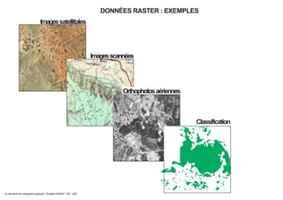 DONNÉES RASTER : EXEMPLES
Imagessatellitales
Imagesscannées
Classification
Orthophotosaériennes
© Laboratoire de cartographie appliquée - Élisabeth HABERT - IRD - 2000
 