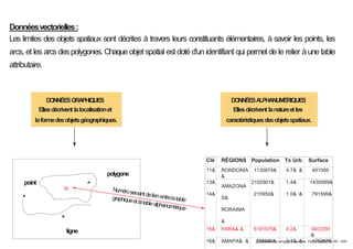 Donnéesvectorielles:
Les limites des objets spatiaux sont décrites à travers leurs constituants élémentaires, à savoir les points, les
arcs, et les arcs despolygones. Chaqueobjet spatial est doté d'un identifiant qui permet de le relier àunetable
attributaire.
DONNÉESGRAPHIQUES
Ellesdécrivent lalocalisationet
laformedesobjetsgéographiques.
polygone
point
15
ligne
DONNÉESALPHANUMÉRIQUES
Ellesdécrivent lanatureetles
caractéristiquesdesobjetsspatiaux.
© Laboratoire de cartographie appliquée - Élisabeth HABERT - IRD - 2000
Clé RÉGIONS Population Tx Urb Surface
11& RONDONIA
&
1130874& 4.7& & 491069
13&
14&
AMAZONA
S&
RORAIMA
&
2102901&
215950&
1.4&
1.0& &
1430089&
791599&
15& PARA& & 5181570& 4.2& 3403391
&
16& AMAPA& & 288690& 2.1& & 175257&
 