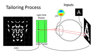Inputs
Tailoring Process
               Light-field   f(k)
                 Display




              LCD1 LCD2
   LCD1
 
