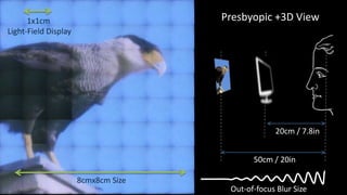 1x1cm                          Presbyopic +3D View
Light-Field Display




                                                  20cm / 7.8in


                                            50cm / 20in

                      8cmx8cm Size
                                      Out-of-focus Blur Size
 