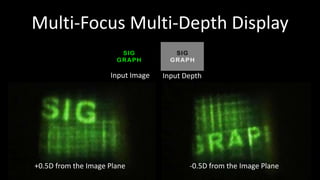 Multi-Focus Multi-Depth Display

                     Input Image   Input Depth




+0.5D from the Image Plane                -0.5D from the Image Plane
 