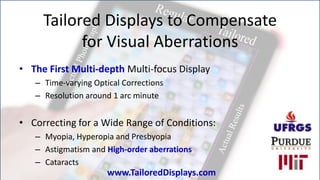 Tailored Displays to Compensate
           for Visual Aberrations
• The First Multi-depth Multi-focus Display
   – Time-varying Optical Corrections
   – Resolution around 1 arc minute


• Correcting for a Wide Range of Conditions:
   – Myopia, Hyperopia and Presbyopia
   – Astigmatism and High-order aberrations
   – Cataracts
                      www.TailoredDisplays.com
 