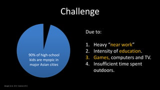 Challenge
                                                               Due to:

                                                               1.   Heavy “near work”
                                                               2.   Intensity of education.
                                    90% of high-school
                                    kids are myopic in         3.   Games, computers and TV.
                                     major Asian cities        4.   Insufficient time spent
                                                                    outdoors.

Morgan et al. 2012. Science 2012.
 
