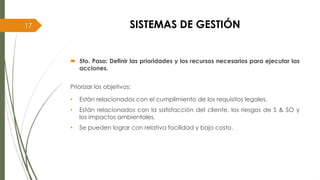  5to. Paso: Definir las prioridades y los recursos necesarios para ejecutar las
acciones.
Priorizar los objetivos:
• Están relacionados con el cumplimiento de los requisitos legales.
• Están relacionados con la satisfacción del cliente, los riesgos de S & SO y
los impactos ambientales.
• Se pueden lograr con relativa facilidad y bajo costo.
17 SISTEMAS DE GESTIÓN
 