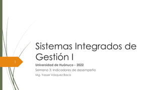 Sistemas Integrados de
Gestión I
Universidad de Huánuco - 2022
Semana 3: Indicadores de desempeño
Mg. Yasser Vásquez Baca
1
 
