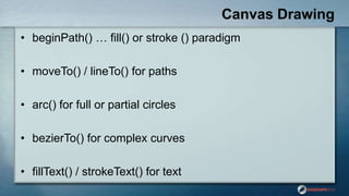 Canvas Drawing
• beginPath() … fill() or stroke () paradigm
• moveTo() / lineTo() for paths
• arc() for full or partial circles
• bezierTo() for complex curves
• fillText() / strokeText() for text
 