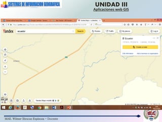 MAE. Wilmer Illescas Espinoza - Docente
UNIDAD III
Aplicaciones web GIS
 