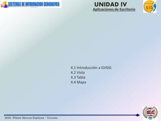 MAE. Wilmer Illescas Espinoza - Docente
UNIDAD IV
Aplicaciones de Escritorio
4.1 Introducción a GVSIG
4.2 Vista
4.3 Tabla
4.4 Mapa
 