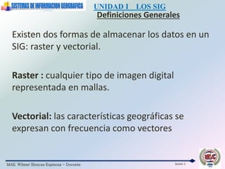 MAE. Wilmer Illescas Espinoza - Docente
UNIDAD I LOS SIG
Definiciones Generales
Sesión 1
Existen dos formas de almacenar los datos en un
SIG: raster y vectorial.
Raster : cualquier tipo de imagen digital
representada en mallas.
Vectorial: las características geográficas se
expresan con frecuencia como vectores
 