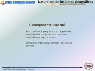 MAE. Wilmer Illescas Espinoza - Docente
Naturaleza de los Datos GeográficosESPACIAL TEMÁTICO TEMPORAL
Es la Localización geográfica, a las propiedades
espaciales de los objetos y a las relaciones
espaciales que hay entre éstos.
Ejemplo: Coordenadas geográficas , direcciones
postales.
El componente Espacial
 