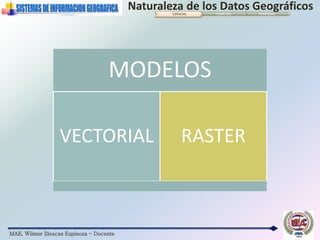 MAE. Wilmer Illescas Espinoza - Docente
Naturaleza de los Datos GeográficosESPACIAL TEMÁTICO TEMPORAL
MODELOS
VECTORIAL RASTER
 