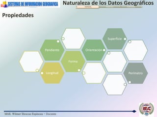 MAE. Wilmer Illescas Espinoza - Docente
Naturaleza de los Datos GeográficosESPACIAL TEMÁTICO TEMPORAL
Propiedades
Longitud
Forma
Pendiente Orientación
Superficie
Perímetro
 
