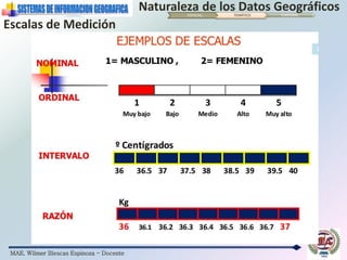 MAE. Wilmer Illescas Espinoza - Docente
Naturaleza de los Datos GeográficosESPACIAL TEMÁTICO TEMPORAL
Escalas de Medición
 