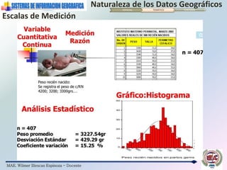 MAE. Wilmer Illescas Espinoza - Docente
Naturaleza de los Datos Geográficos
Escalas de Medición
ESPACIAL TEMÁTICO TEMPORAL
 