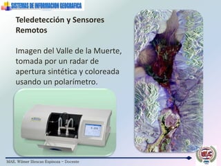 MAE. Wilmer Illescas Espinoza - Docente
Teledetección y Sensores
Remotos
Imagen del Valle de la Muerte,
tomada por un radar de
apertura sintética y coloreada
usando un polarímetro.
 