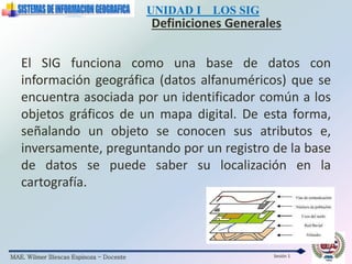 MAE. Wilmer Illescas Espinoza - Docente
UNIDAD I LOS SIG
Definiciones Generales
Sesión 1
El SIG funciona como una base de datos con
información geográfica (datos alfanuméricos) que se
encuentra asociada por un identificador común a los
objetos gráficos de un mapa digital. De esta forma,
señalando un objeto se conocen sus atributos e,
inversamente, preguntando por un registro de la base
de datos se puede saber su localización en la
cartografía.
 