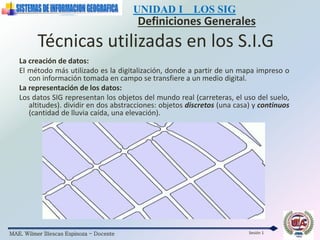 MAE. Wilmer Illescas Espinoza - Docente
UNIDAD I LOS SIG
Definiciones Generales
Sesión 1
La creación de datos:
El método más utilizado es la digitalización, donde a partir de un mapa impreso o
con información tomada en campo se transfiere a un medio digital.
La representación de los datos:
Los datos SIG representan los objetos del mundo real (carreteras, el uso del suelo,
altitudes). dividir en dos abstracciones: objetos discretos (una casa) y continuos
(cantidad de lluvia caída, una elevación).
Técnicas utilizadas en los S.I.G
 