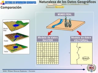 MAE. Wilmer Illescas Espinoza - Docente
Naturaleza de los Datos GeográficosESPACIAL TEMÁTICO TEMPORAL
Comparación VECTORIAL RASTER
 