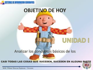 MAE. Wilmer Illescas Espinoza - Docente
OBJETIVO DE HOY
Analizar los conceptos básicos de los
SIG
CASI TODAS LAS COSAS QUE SUCEDEN, SUCEDEN EN ALGUNA PARTE
 