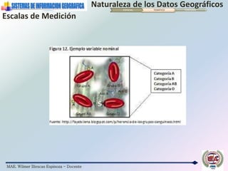 MAE. Wilmer Illescas Espinoza - Docente
Naturaleza de los Datos GeográficosESPACIAL TEMÁTICO TEMPORAL
Escalas de Medición
 