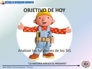 MAE. Wilmer Illescas Espinoza - Docente
OBJETIVO DE HOY
Analizar las funciones de los SIG
“LA HISTORIA EXPLICA EL PRESENTE”
 