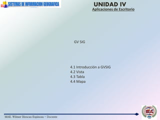 MAE. Wilmer Illescas Espinoza - Docente
UNIDAD IV
Aplicaciones de Escritorio
4.1 Introducción a GVSIG
4.2 Vista
4.3 Tabla
4.4 Mapa
GV SIG
 