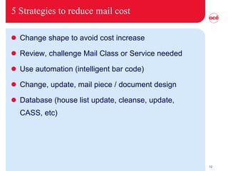 5 Strategies to reduce mail cost  Change shape to avoid cost increase Review, challenge Mail Class or Service needed  Use automation (intelligent bar code)  Change, update, mail piece / document design Database (house list update, cleanse, update, CASS, etc) 