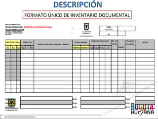 FORMATO ÚNICO DE INVENTARIO DOCUMENTAL
ENTIDAD PRODUCTORA: SECRETARIA DE INTEGRACIÓN SOCIAL
No. de
Folios
Frecuencia
de consulta
NOTAS
Est. Ent. Caja Dep. S Sb DD/MM/AA DD/MM/AA Caja Carpeta Tomo otro Soporte
Cargo Firma
Cargo Firma
Cargo Firma
ENTIDAD REMITENTE:
OFICINA PRODUCTORA:
(dd/mm/aa)UNIDAD ADMINISTRATIVA:
OBJETO:
Nombre de las Series, Subseries o Asuntos
Fechas extremas
Entregado por:
FECHA
UBICACIÓN FISICA CÓDIGO No.
NT
Unidad de conservacion
Revisado por:
Elaborado por:
 
