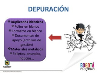 Duplicados idénticos
Folios en blanco
Formatos en blanco
Documentos de
apoyo (archivos de
gestión)
Materiales metálicos
Folletos, anuncios,
noticias…
 