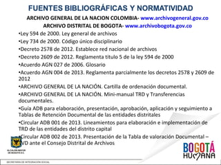 ARCHIVO GENERAL DE LA NACION COLOMBIA- www.archivogeneral.gov.co
ARCHIVO DISTRITAL DE BOGOTA- www.archivobogota.gov.co
•Ley 594 de 2000. Ley general de archivos
•Ley 734 de 2000. Código único disciplinario
•Decreto 2578 de 2012. Establece red nacional de archivos
•Decreto 2609 de 2012. Reglamenta titulo 5 de la ley 594 de 2000
•Acuerdo AGN 027 de 2006. Glosario
•Acuerdo AGN 004 de 2013. Reglamenta parcialmente los decretos 2578 y 2609 de
2012
•ARCHIVO GENERAL DE LA NACIÓN. Cartilla de ordenación documental.
•ARCHIVO GENERAL DE LA NACIÓN. Mini-manual TRD y Transferencias
documentales.
•Guía ADB para elaboración, presentación, aprobación, aplicación y seguimiento a
Tablas de Retención Documental de las entidades distritales
•Circular ADB 001 de 2013. Lineamientos para elaboración e implementación de
TRD de las entidades del distrito capital
•Circular ADB 002 de 2013. Presentación de la Tabla de valoración Documental –
TVD ante el Consejo Distrital de Archivos
 