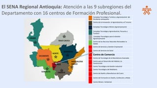El SENA Regional Antioquia: Atención a las 9 subregiones del
Departamento con 16 centros de Formación Profesional.
Complejo Tecnológico Turístico y Agroindustrial del
Occidente antioqueño
Centro de la Innovación, la Agroindustria y el Turismo
Complejo Tecnológico Minero Agroempresarial
Complejo Tecnológico Agroindustrial, Pecuario y
Turístico
Complejo Tecnológico para la Gestión
Agroempresarial
Centro de los Recursos Naturales Renovables la
Salada
Centro de Servicios y Gestión Empresarial
Centro de Servicios de Salud
Centro de Comercio
Centro de Tecnología de la Manufactura Avanzada
Centro para el Desarrollo del Hábitat y la
Construcción
Centro Tecnológico de Gestión Industrial
Centro Tecnológico del Mobiliario
Centro de Diseño y Manufactura del Cuero
Centro de Formación en Diseño, Confección y Moda
Centro Minero Ambiental
 