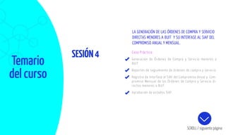 Temario
del curso
SESIÓN4
SCROLL / siguiente página
Caso Práctico:
Generación de Órdenes de Compra y Servicio menores a
8UIT
Reportes de seguimiento de órdenes de compra y servicio.
Registro de Interfase al SIAF del Compromiso Anual y Com-
promiso Mensual de las Órdenes de Compra y Servicio di-
rectos menores a 8UIT.
Aprobación de estados SIAF.
LA GENERACIÓN DE LAS ÓRDENES DE COMPRA Y SERVICIO
DIRECTAS MENORES A 8UIT Y SU INTERFASE AL SIAF DEL
COMPROMISO ANUAL Y MENSUAL.
 