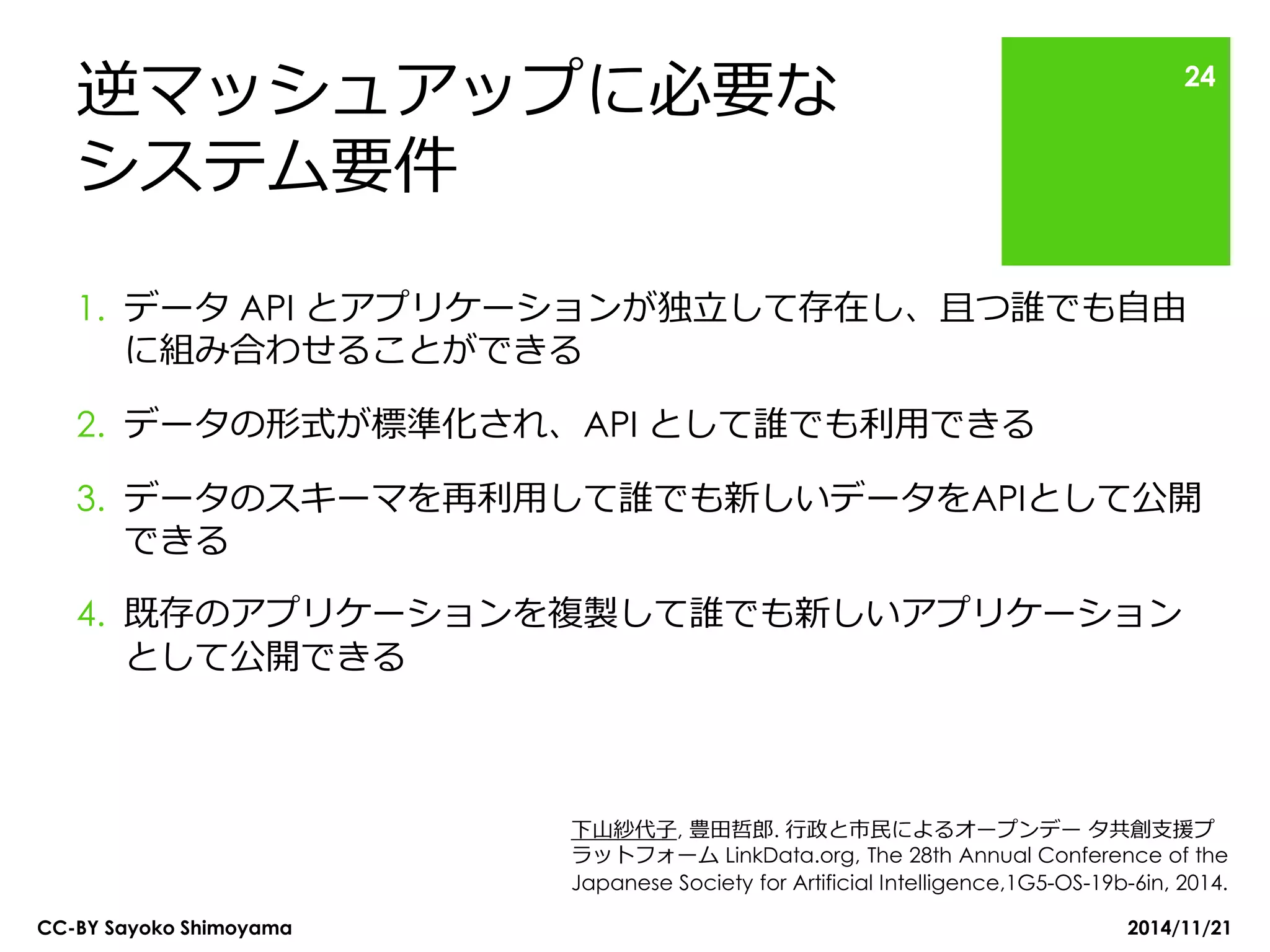 逆マッシュアップに必要な システム要件 
1.データ API とアプリケーションが独立して存在し、且つ誰でも自由 に組み合わせることができる 
2.データの形式が標準化され、API として誰でも利用できる 
3.データのスキーマを再利用して誰でも新しいデータをAPIとして公開 できる 
4.既存のアプリケーションを複製して誰でも新しいアプリケーション として公開できる 
CC-BY Sayoko Shimoyama 
24 
2014/11/21 
下山紗代子, 豊田哲郎. 行政と市民によるオープンデー タ共創支援プ ラットフォーム LinkData.org, The 28th Annual Conference of the Japanese Society for Artificial Intelligence,1G5-OS-19b-6in, 2014.  