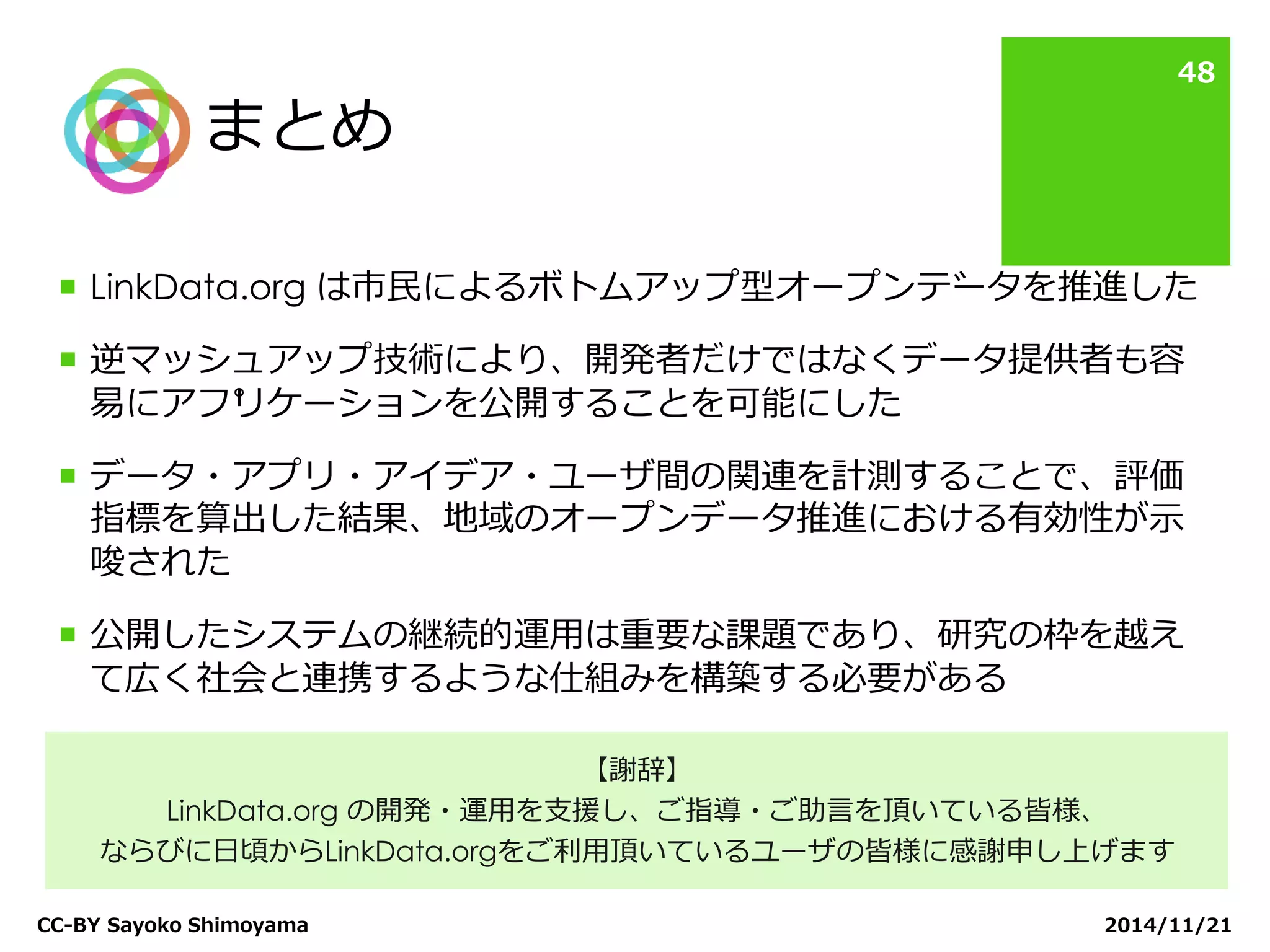 まとめ 
2014/11/21 
CC-BY Sayoko Shimoyama 
48 
【謝辞】 
LinkData.org の開発・運用を支援し、ご指導・ご助言を頂いている皆様、 
ならびに日頃からLinkData.orgをご利用頂いているユーザの皆様に感謝申し上げます 
LinkData.org は市民によるボトムアップ型オープンデータを推進した 
逆マッシュアップ技術により、開発者だけではなくデータ提供者も容 易にアプリケーションを公開することを可能にした 
データ・アプリ・アイデア・ユーザ間の関連を計測することで、評価 指標を算出した結果、地域のオープンデータ推進における有効性が示 唆された 
公開したシステムの継続的運用は重要な課題であり、研究の枠を越え て広く社会と連携するような仕組みを構築する必要がある 
