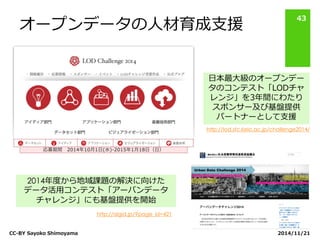 オープンデータの人材育成支援 
2014/11/21 
CC-BY Sayoko Shimoyama 
43 
日本最大級のオープンデー タのコンテスト「LODチャ レンジ」を3年間にわたり スポンサー及び基盤提供 パートナーとして支援 
2014年度から地域課題の解決に向けた 
データ活用コンテスト「アーバンデータ チャレンジ」にも基盤提供を開始 
http://lod.sfc.keio.ac.jp/challenge2014/ 
http://aigid.jp/?page_id=421  
