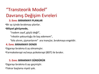 “Transteorik Model”
Davranış Değişim Evreleri
3. Evre: BIRAKMAYI PLANLAR
•Bir ay içinde bırakmayı planlar.
•Bilişsel görüşmede,
“iradem zayıf, güçlü değil”,
“nikotin yoksunluğu ile baş edemem”,
“kilo alırım, şişmanlarım” ara inançlar, bırakmaya engeldir.
4. Evre: BIRAKMAYI DENER
•Sigarayı bırakma 6 ay olmamıştır.
•Farmakoterapi ve/veya psikoterapi (BDT) ile bırakır.
5. Evre: BIRAKMAYI SÜRDÜRÜR
•Sigarayı bırakma 6 ayı geçmiştir.
•Tekrar başlama niyeti yok.
 