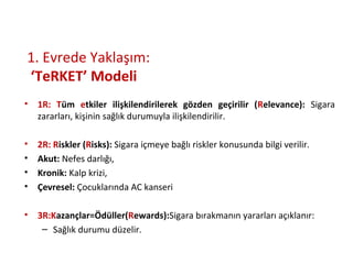 1. Evrede Yaklaşım:
‘TeRKET’ Modeli
• 1R: Tüm etkiler ilişkilendirilerek gözden geçirilir (Relevance): Sigara
zararları, kişinin sağlık durumuyla ilişkilendirilir.
• 2R: Riskler (Risks): Sigara içmeye bağlı riskler konusunda bilgi verilir.
• Akut: Nefes darlığı,
• Kronik: Kalp krizi,
• Çevresel: Çocuklarında AC kanseri
• 3R:Kazançlar=Ödüller(Rewards):Sigara bırakmanın yararları açıklanır:
– Sağlık durumu düzelir.
 