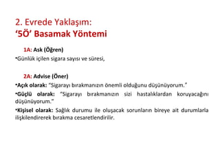 2. Evrede Yaklaşım:
‘5Ö’ Basamak Yöntemi
1A: Ask (Öğren)
•Günlük içilen sigara sayısı ve süresi,
2A: Advise (Öner)
•Açık olarak: “Sigarayı bırakmanızın önemli olduğunu düşünüyorum.ʺ
•Güçlü olarak: “Sigarayı bırakmanızın sizi hastalıklardan koruyacağını
düşünüyorum.”
•Kişisel olarak: Sağlık durumu ile oluşacak sorunların bireye ait durumlarla
ilişkilendirerek bırakma cesaretlendirilir.
 