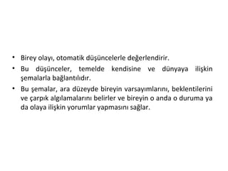 • Birey olayı, otomatik düşüncelerle değerlendirir.
• Bu düşünceler, temelde kendisine ve dünyaya ilişkin
şemalarla bağlantılıdır.
• Bu şemalar, ara düzeyde bireyin varsayımlarını, beklentilerini
ve çarpık algılamalarını belirler ve bireyin o anda o duruma ya
da olaya ilişkin yorumlar yapmasını sağlar.
 