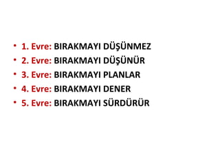 • 1. Evre: BIRAKMAYI DÜŞÜNMEZ
• 2. Evre: BIRAKMAYI DÜŞÜNÜR
• 3. Evre: BIRAKMAYI PLANLAR
• 4. Evre: BIRAKMAYI DENER
• 5. Evre: BIRAKMAYI SÜRDÜRÜR
 