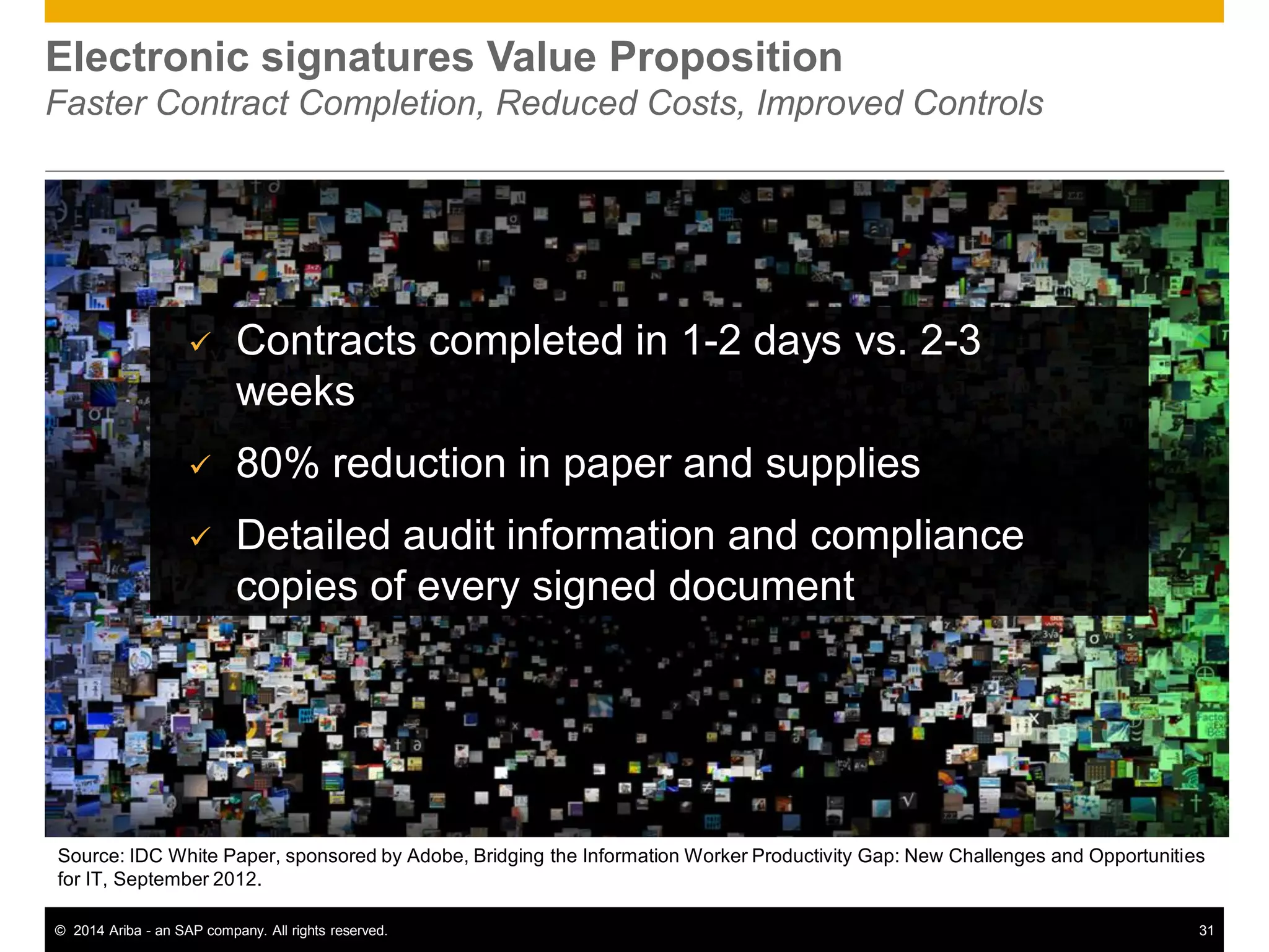 31© 2014 Ariba - an SAP company. All rights reserved.
Electronic signatures Value Proposition
Faster Contract Completion, Reduced Costs, Improved Controls
Source: IDC White Paper, sponsored by Adobe, Bridging the Information Worker Productivity Gap: New Challenges and Opportunities
for IT, September 2012.
 Contracts completed in 1-2 days vs. 2-3
weeks
 80% reduction in paper and supplies
 Detailed audit information and compliance
copies of every signed document
 