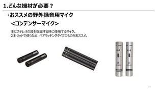 <コンデンサーマイク>
・おススメの野外録音用マイク
主にステレオの音を収録する時に使用するマイク。
2本セットで使うため、ペアマッチングタイプのものがおススメ。
1.どんな機材が必要？
23
 