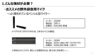 ・おススメの野外録音用マイク
～よく使われているペンシル型マイク～
メーカー：ZOOM
商品名：ZPC-1
お値段：¥20,000 前後
※ペアマッチングのマイクのため、2本セットでこの値段。
メーカー：SONY
商品名：ECM-100U MP（マッチドペア）
お値段：¥200,000 前後（2本で）
※岡本のメインマイク。割といいお値段のため、使うときに気を使う・・・。
1.どんな機材が必要？
24
 